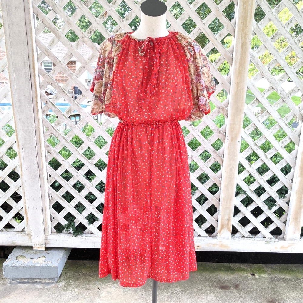 Vintage 60s 70s Red Floral Midi Dress with Kimono Sleeves